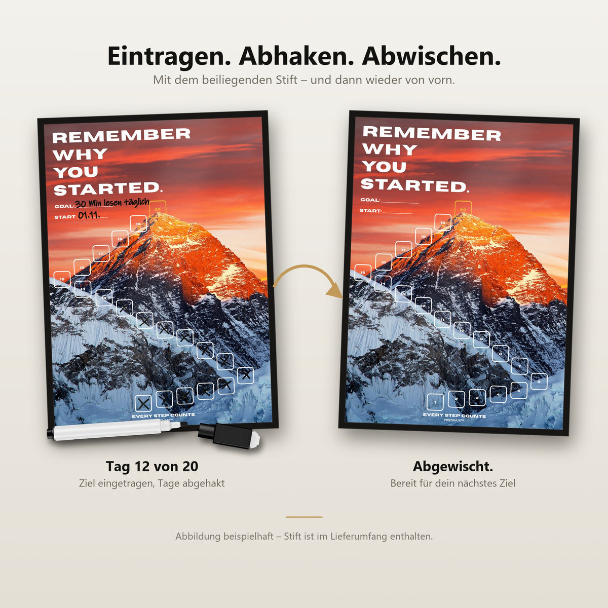 POSTIVATE Mount Everest Poster mit Rahmen – Felder mit dem Whiteboard-Stift abhaken und wieder abwischen