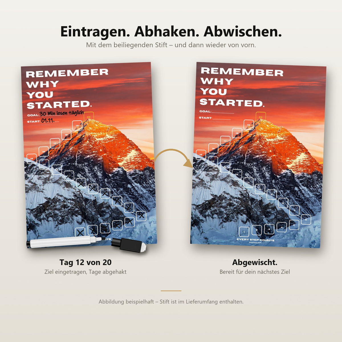 POSTIVATE Mount Everest Poster ohne Rahmen – Felder mit dem Whiteboard-Stift abhaken und wieder abwischen