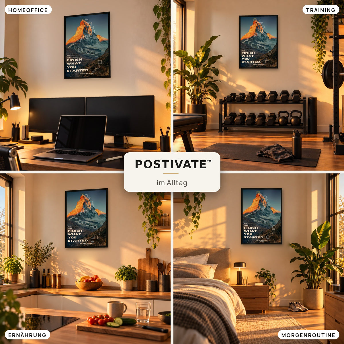 POSTIVATE Matterhorn Motivationsposter 50 × 70 cm mit Rahmen im Alltag – im Homeoffice, im Gym, in der Küche und bei der Morgenroutine