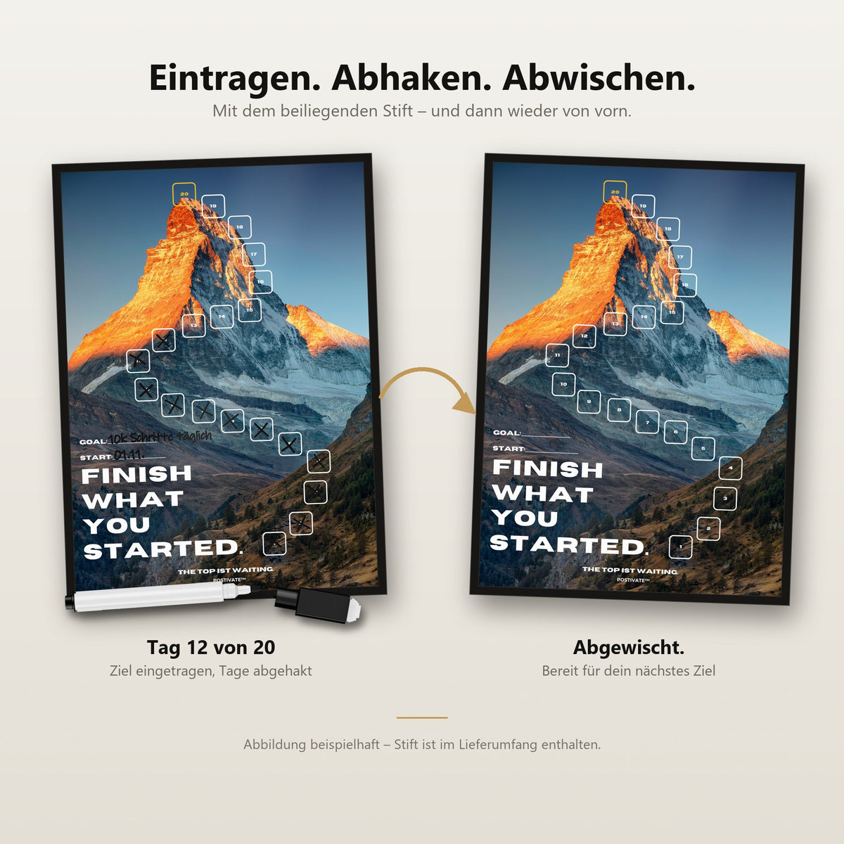 POSTIVATE Matterhorn Poster mit Rahmen – Felder mit dem Whiteboard-Stift abhaken und wieder abwischen