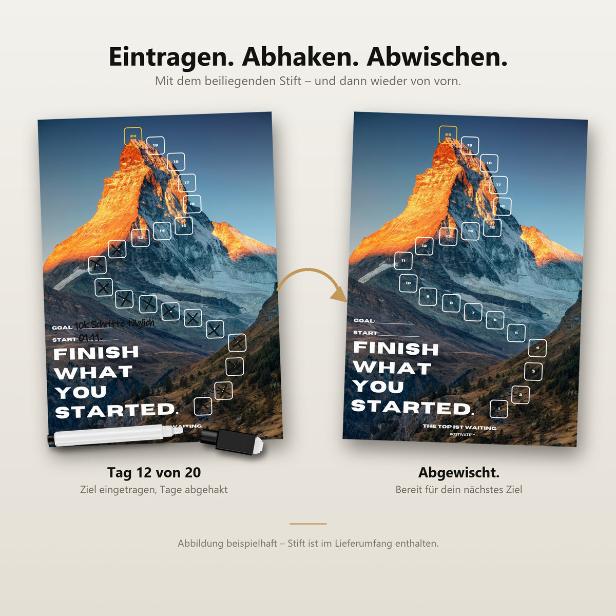 POSTIVATE Matterhorn Poster ohne Rahmen – Felder mit dem Whiteboard-Stift abhaken und wieder abwischen