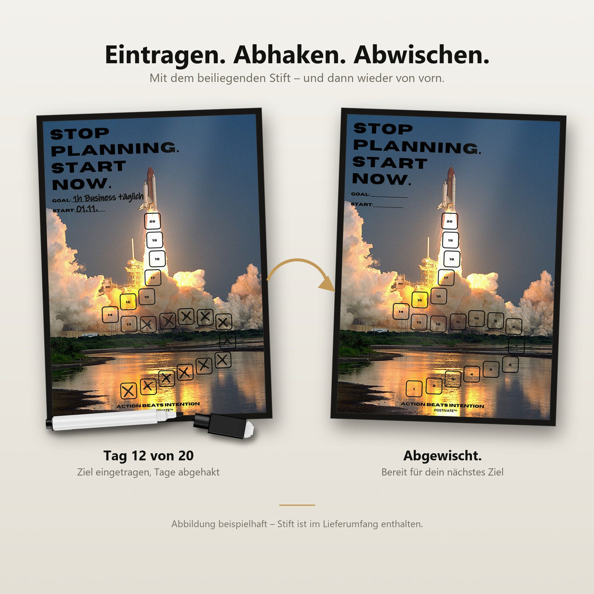 POSTIVATE Rakete Poster mit Rahmen – Felder mit dem Whiteboard-Stift abhaken und wieder abwischen