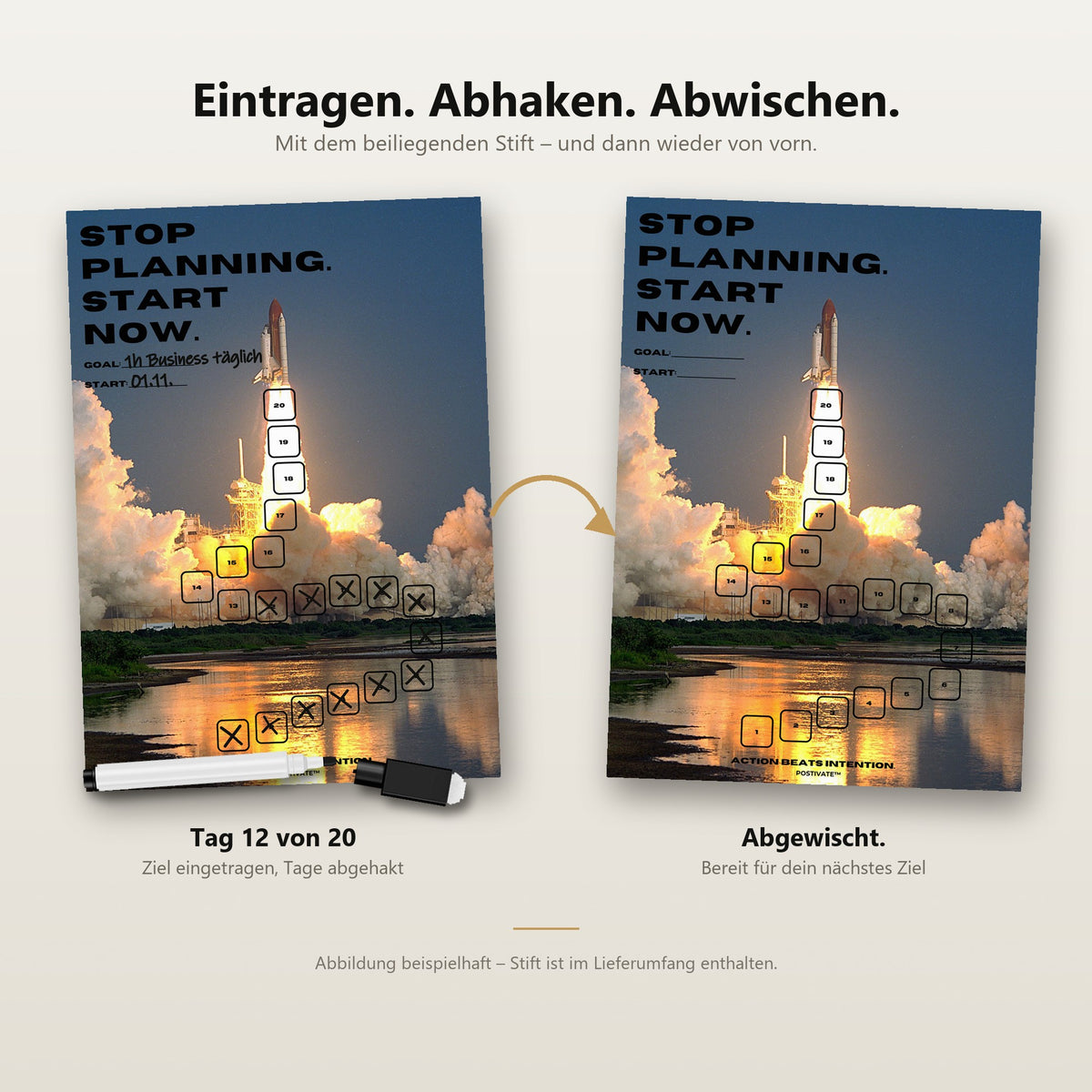 POSTIVATE Rakete Poster ohne Rahmen – Felder mit dem Whiteboard-Stift abhaken und wieder abwischen