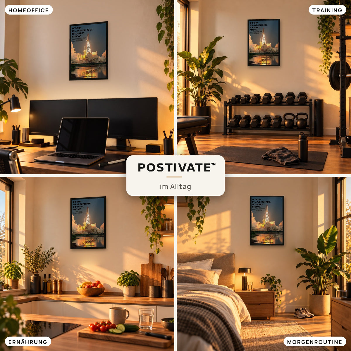 POSTIVATE Rakete Motivationsposter 40 × 60 cm mit Rahmen im Alltag – im Homeoffice, im Gym, in der Küche und bei der Morgenroutine