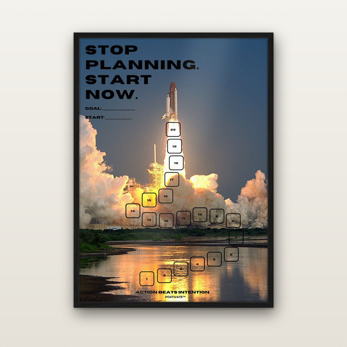 POSTIVATE Rakete Motivationsposter 50 × 70 cm mit Rahmen