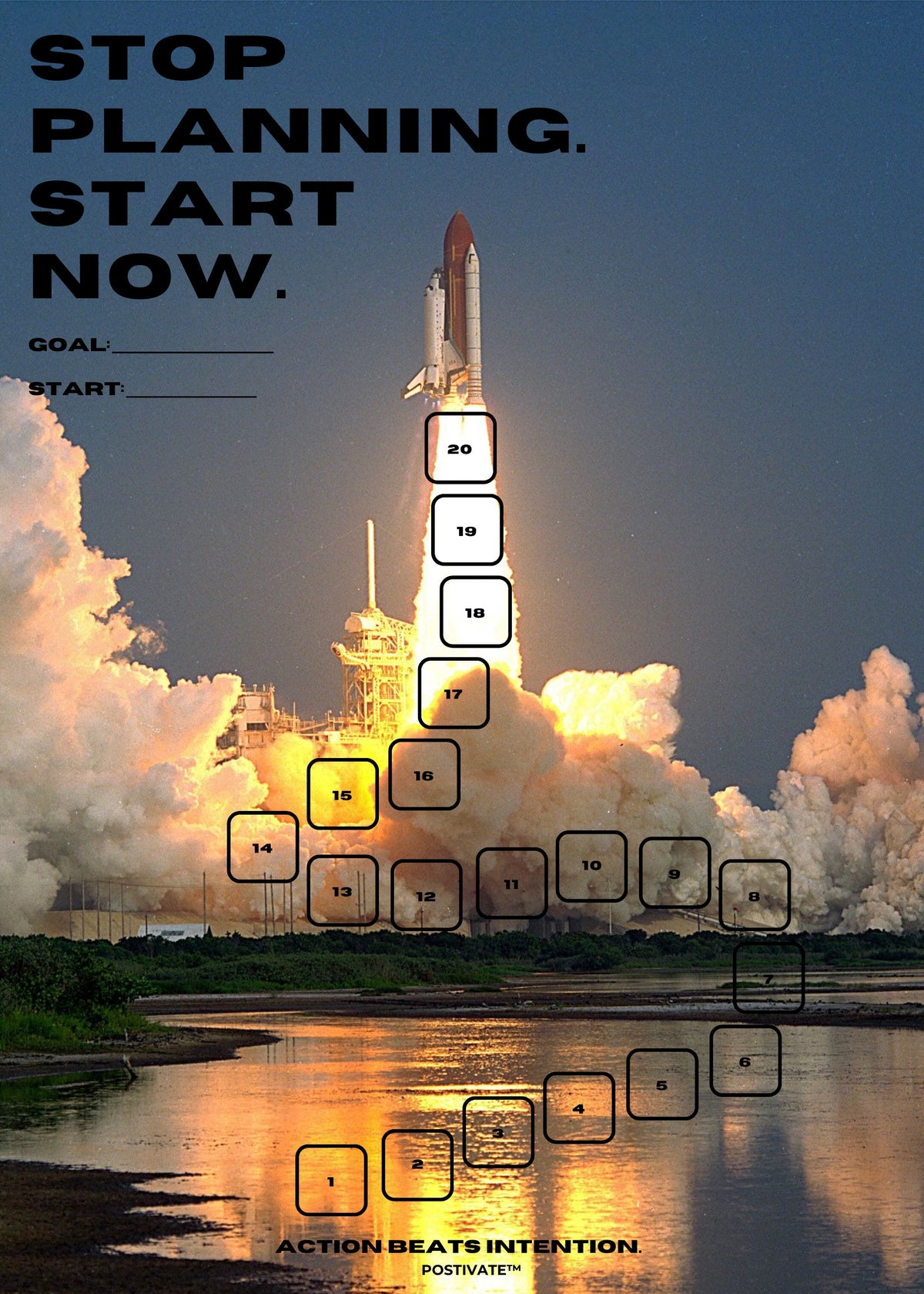 POSTIVATE Rakete Motivationsposter „Stop planning. Start now.“ mit 20 Feldern zum Abhaken